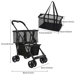 Oxford Cloth Foldable Shopping Cart 50kg Capacity Detachable Mesh Bag Black