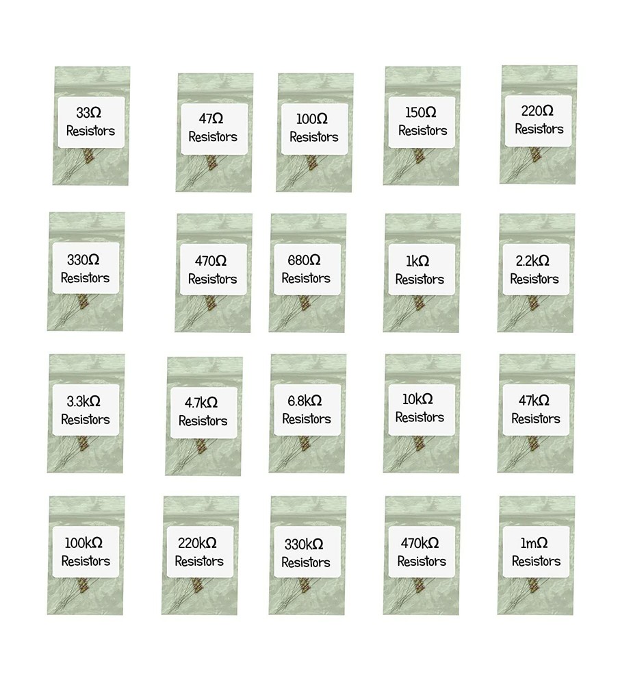 1/4w Carbon Film Resistor Kit Assortment 200 pcs 20 types 33 Ohm 1m 1k 100k 10k