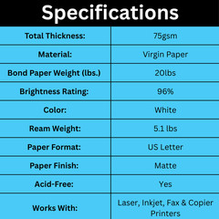White Printer Paper 8.5″ x 11″ 20 lb 10 Reams 5000 Sheets 96 Brightness Matte