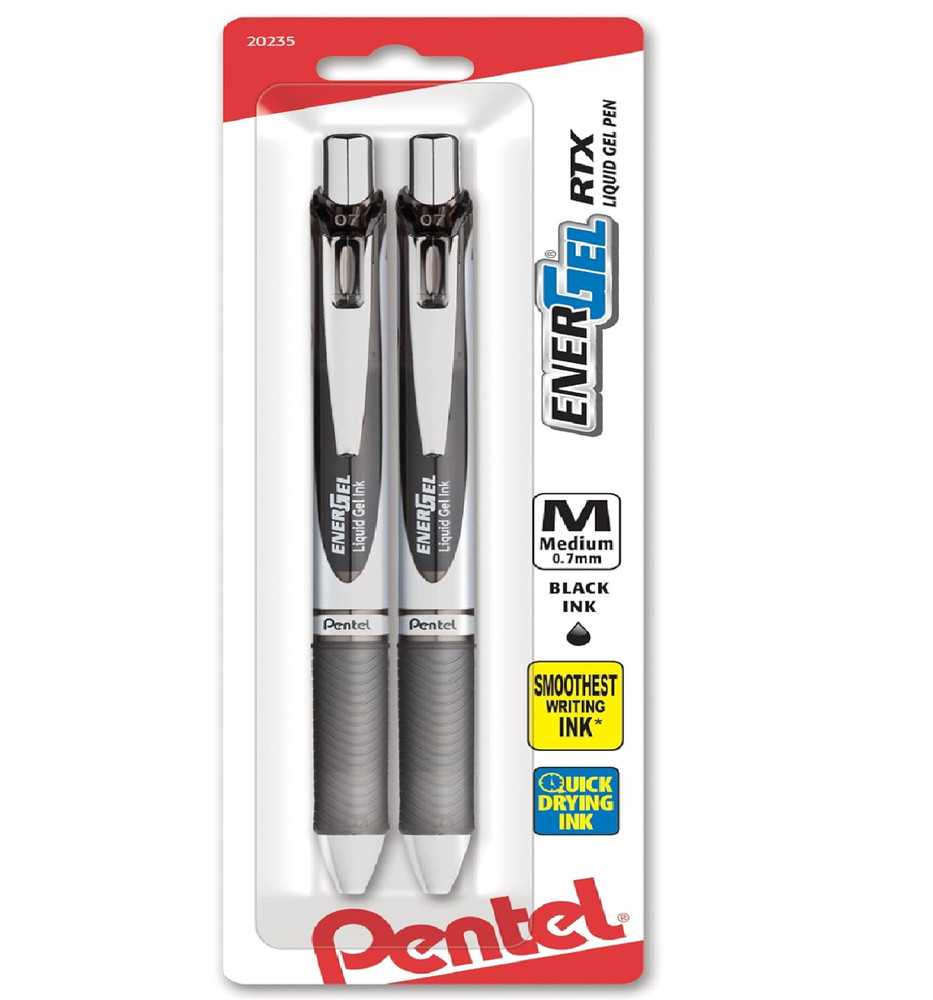 Pentel EnerGel RTX Retractable Liquid Gel Pen, 2 Count (Pack of 1), Black