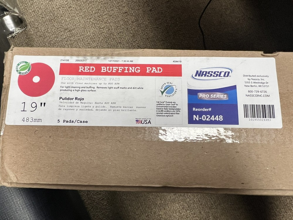 NEW NASSCO PRO SERIES RED BUFFING FLOOR PAD, 19″ 5/Cs