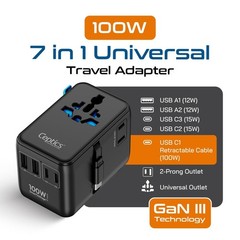 Ceptics GAN 100W Universal Travel Adapter with Retractable USB-C Cable, 2X US…