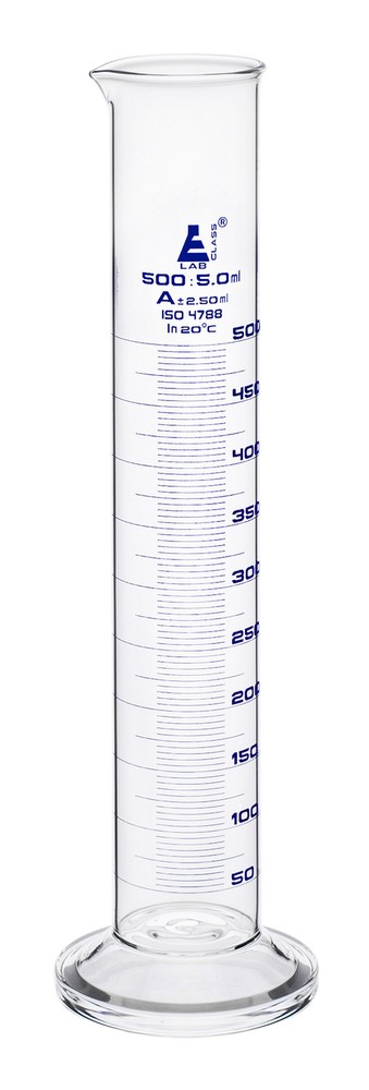 Eisco Labs 500ml Graduated Cylinder, Class A – Blue Graduations, Round Base