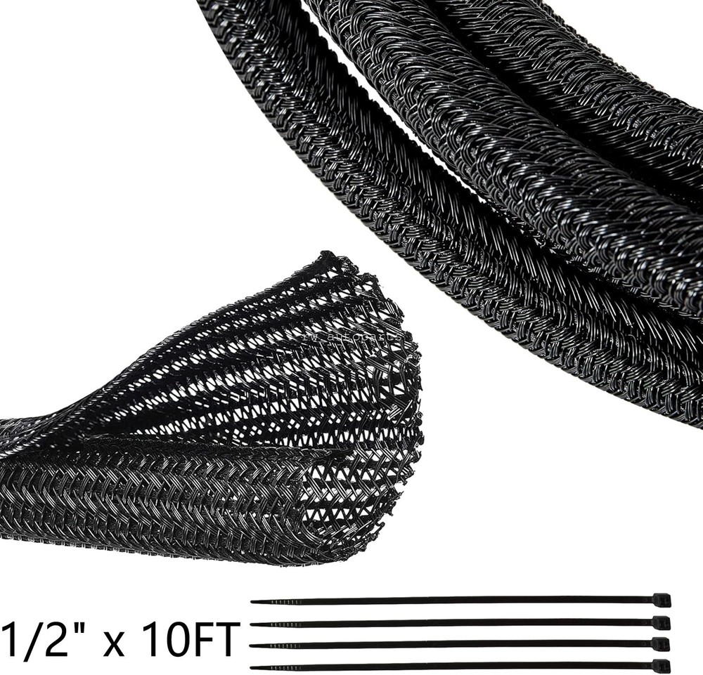 Braided Wire Cable Sleeve Split Wiring Sleeving 10 Feet 1/2″ Flexible Self-Wrap