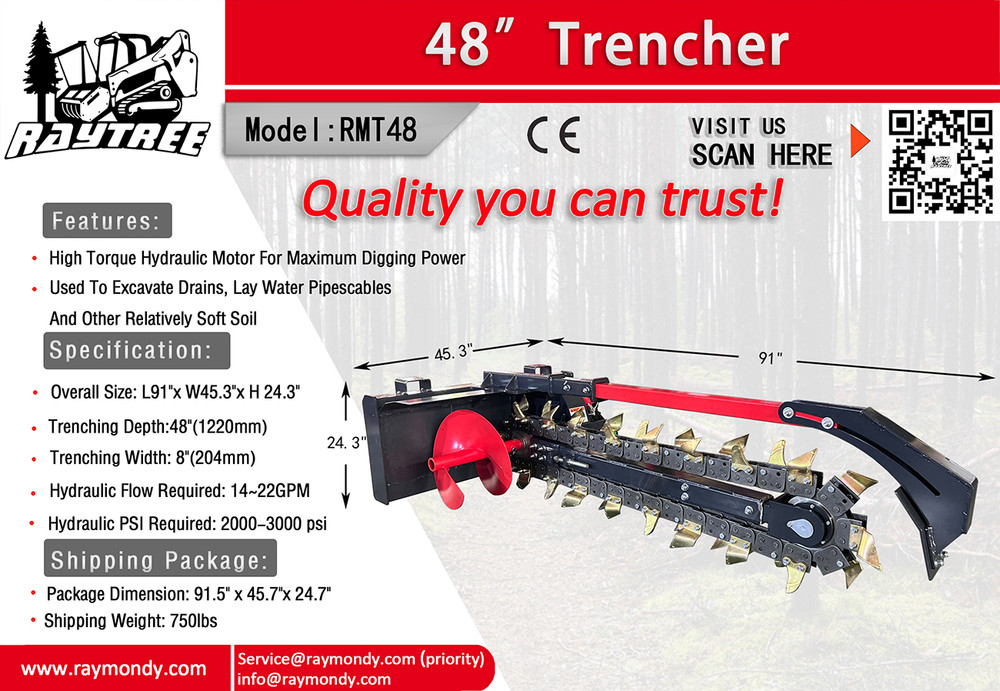 Raytree RMT48 48″+ Trencher for Bobcat Skid Steer 8″ Hi-Torque Lo-flow 14-22GPM