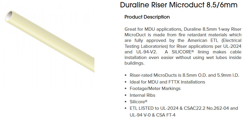 10,000 FT Dura-Line 8.5 mm OD / 6 mm ID Riser (FT4) MicroDuct 10009662