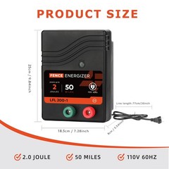 AC Powered Electric Fence Charger 50 Miles, 2 Joule Plug-in Energizer for Livest