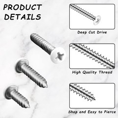 120 Pcs #8 White Head Wood Screws Self Tapping 3 Assorted Sizes for Wall