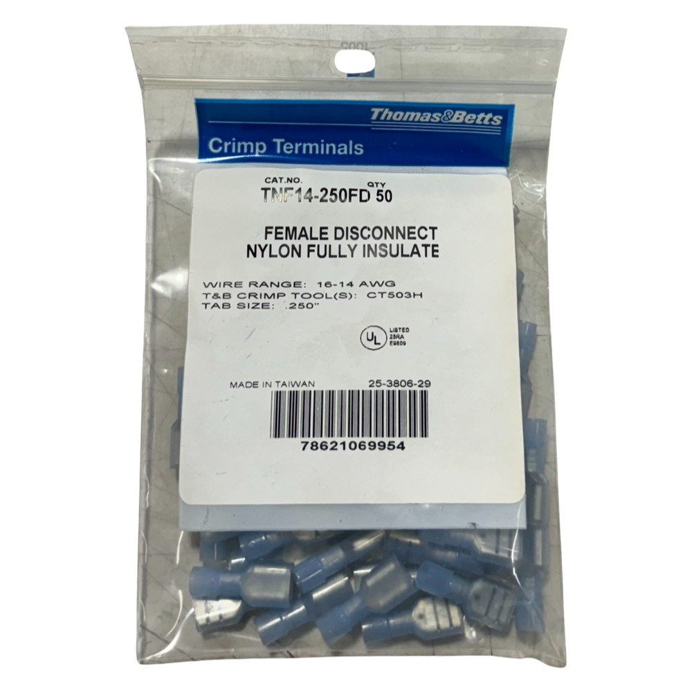 Thomas & Betts Female Disconnect Insulated Crimp Terminals 16-14 AWG 50 Pack