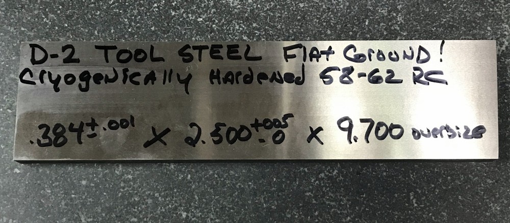 D2 TOOL STEEL .384 X 2.5 X” 9.700″ CRYO HARDENED FLAT GROUND 3/8 KNIFE BAR STOCK