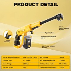 20V Cordless Pressure Washer Max 560 PSI High Power Yellow