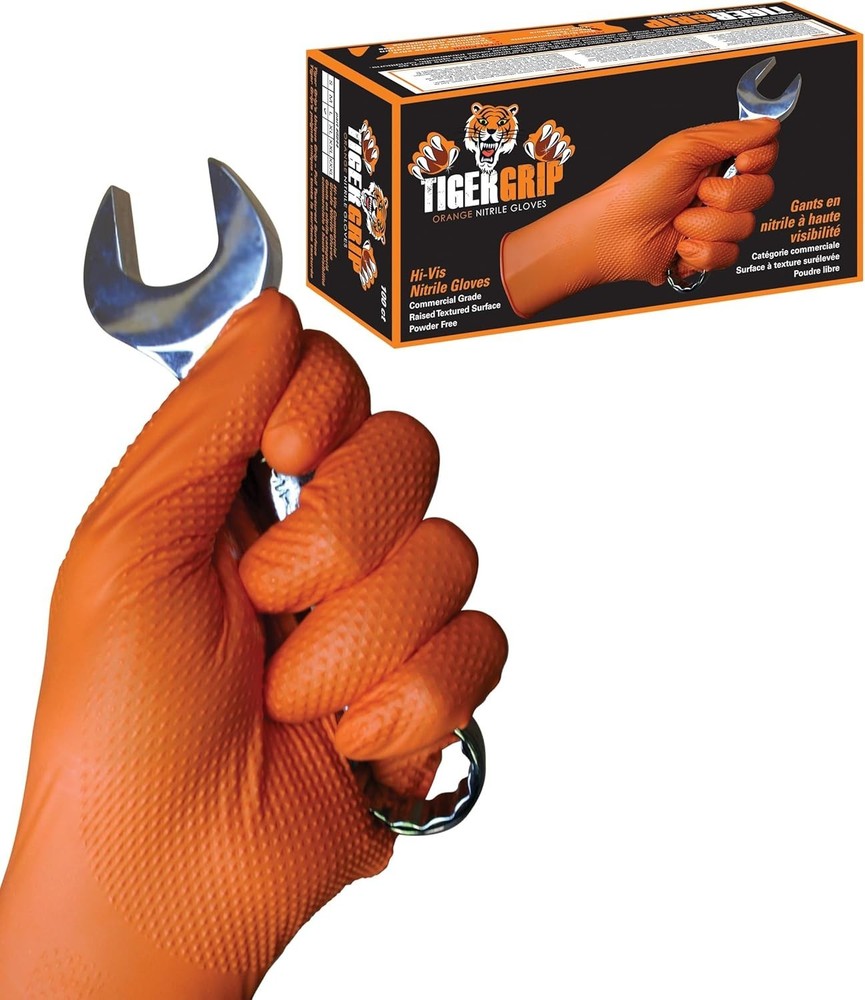 Tiger Grip Nitrile Gloves 8MIL Diamond Grip – Hi-VIS Orange – 1 Box/ 100 gloves