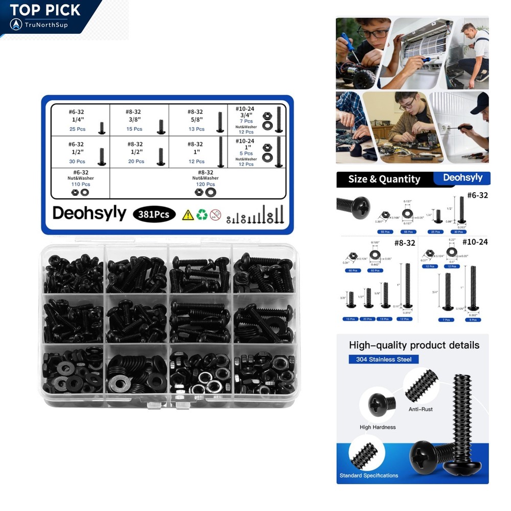 381-Piece Stainless Steel Machine Screws Nuts Bolts Assortment Kit #6 #8 #10 …
