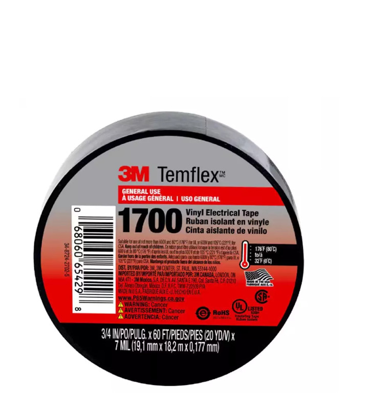 3M Temflex 1700 General Use Electrical Tape Black – 3/4 in. x 60 ft.
