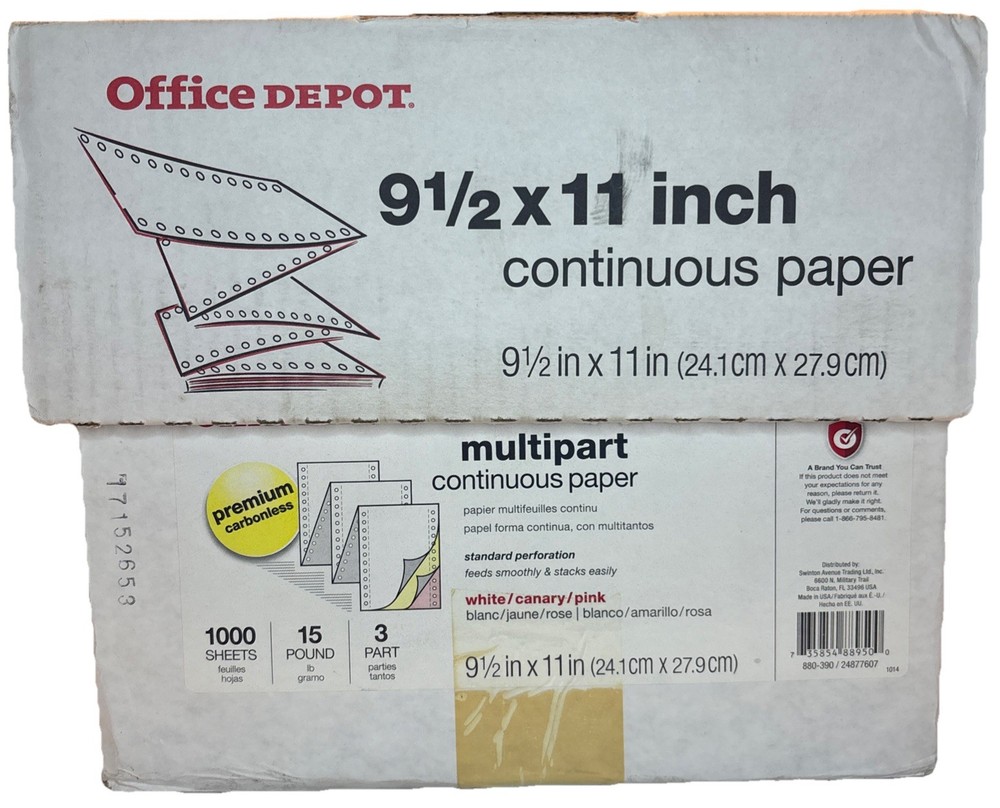 OfficeDepot 9.5 X 11 Continuous Paper 3 Part Carbonless 1000 Ct—SHIPS IN 24 HRS-