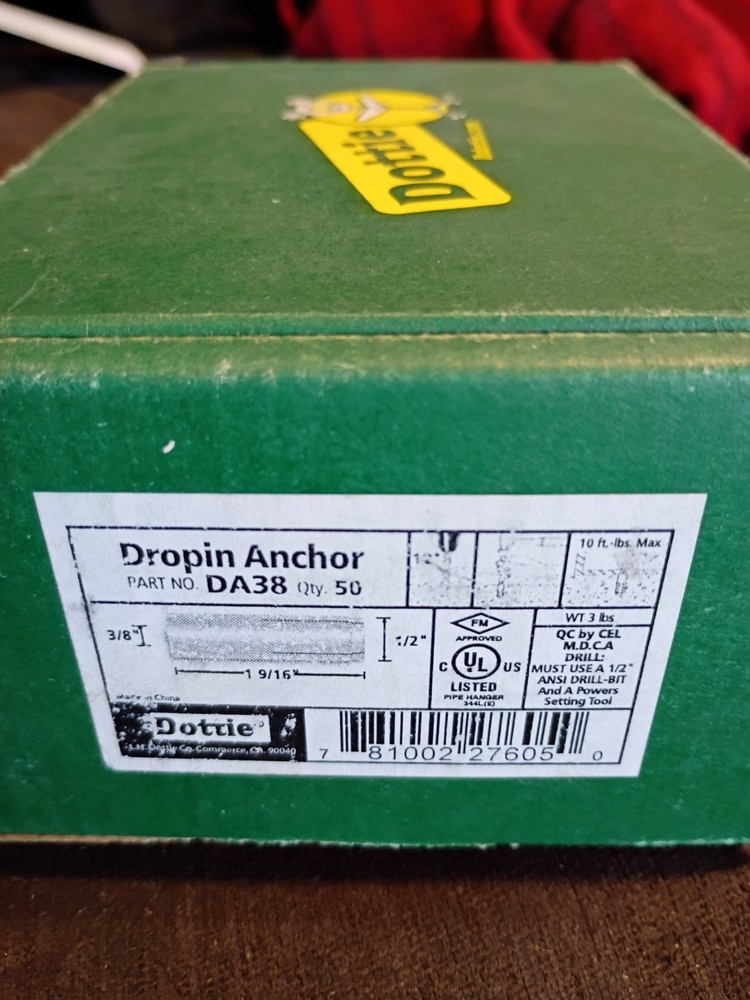 (QTY:50) DOTTIE DA38 DROP-IN ANCHOR 1-9/16”x 3/8”x 1/2”