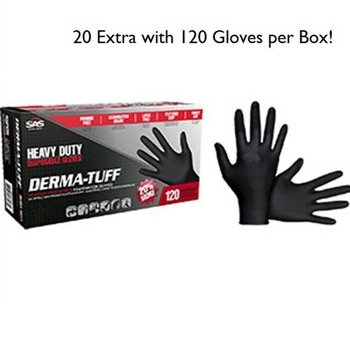 120-1200 SAS Safety Derma-Tuff Black Nitrile Gloves- 6mil 1 to 10x boxes