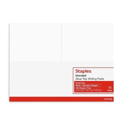 STAPLES Notepads, 4” x 6”, Unruled, White, 100 Sheets/Pad, 12‑Pack White