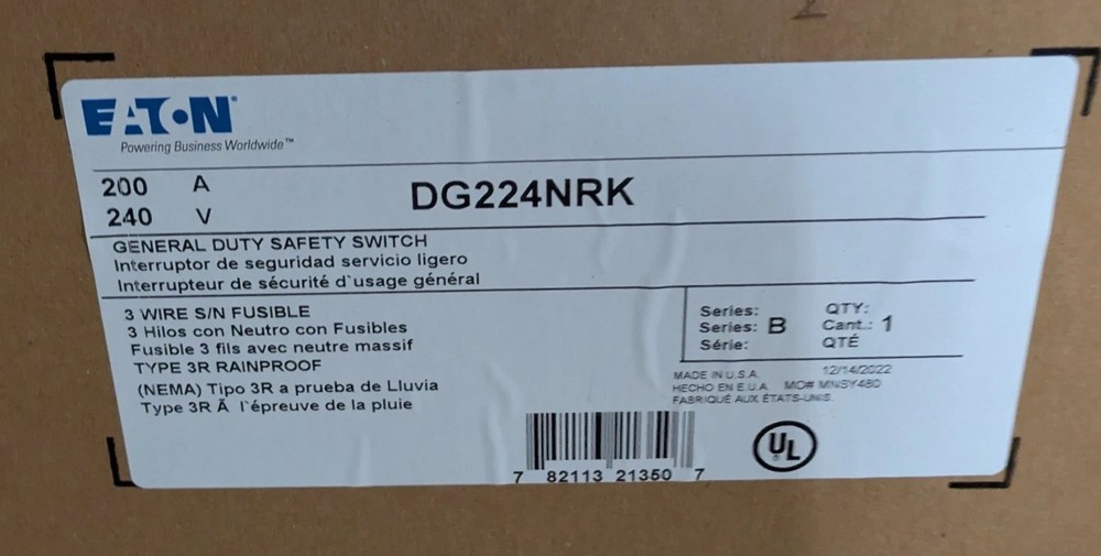 NEW Eaton Saferty Switch DG224NRK 200A 240V NEMA 3R Fusible