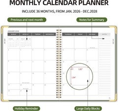 2026-2028 3 Year Monthly Planner 36 Months Spiral Bound 8.5×11 Green Notes