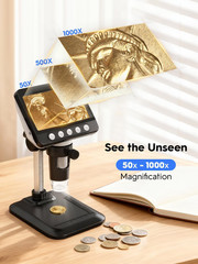 Coin Microscope, 4.3″ LCD USB Digital Microscope 1000X Coin Magnifier with 8 Adj