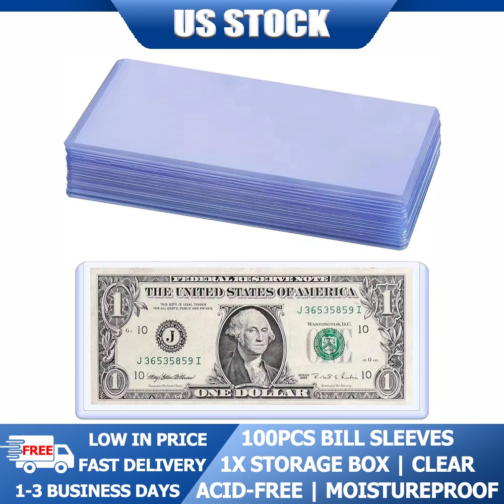 100 Pcs Clear Paper Money Sleeves With Storage Box Dollar Bill Protector Holders