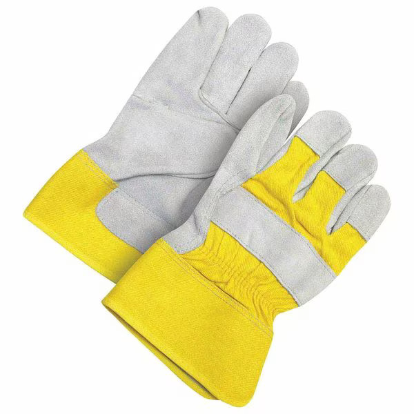 Bdg Leather Gloves, Cowhide, Safety Cuff, Wing Thumb, Full Finger, Gray/Yellow,