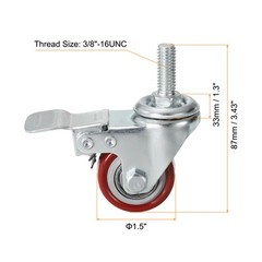 4pcs 1.5″ Swivel Threaded Stem Casters 3/8″-16UNC PU with Brake 88lbs Load Red