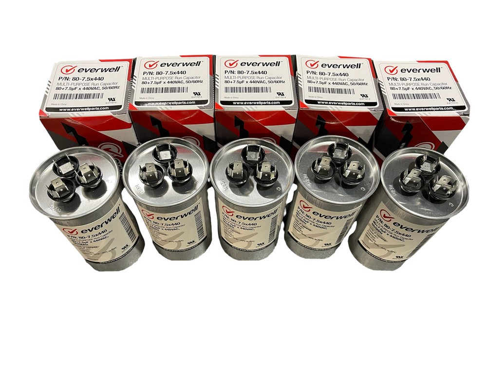 80+7.5µf x 440 VAC MULTI-PURPOSE RUN CAPACITOR, 50/60Hz ROUND TYPE 5 PCS.