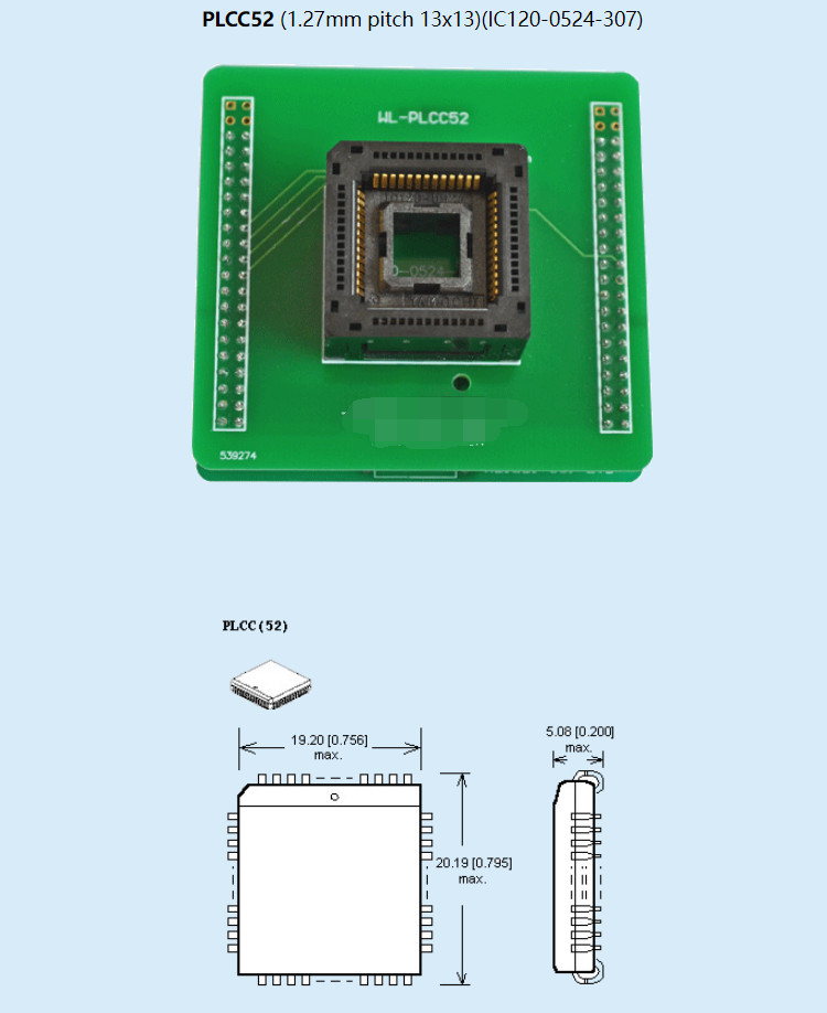 WL-PL52-M412 1.27mm Pitch 13×13 PLCC52 Socket Adapter For Wellon Programmer