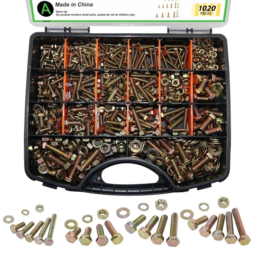 1020pc Grade 8.8 Metric Bolt Nut Washer Assortment M4 M5 M6 M8 Carbon Steel Zinc