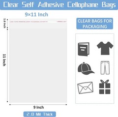 9X11 Inch Self-Sealing Clear Plastic Shipping Bags for Clothes, 100 Pack OPP Pol