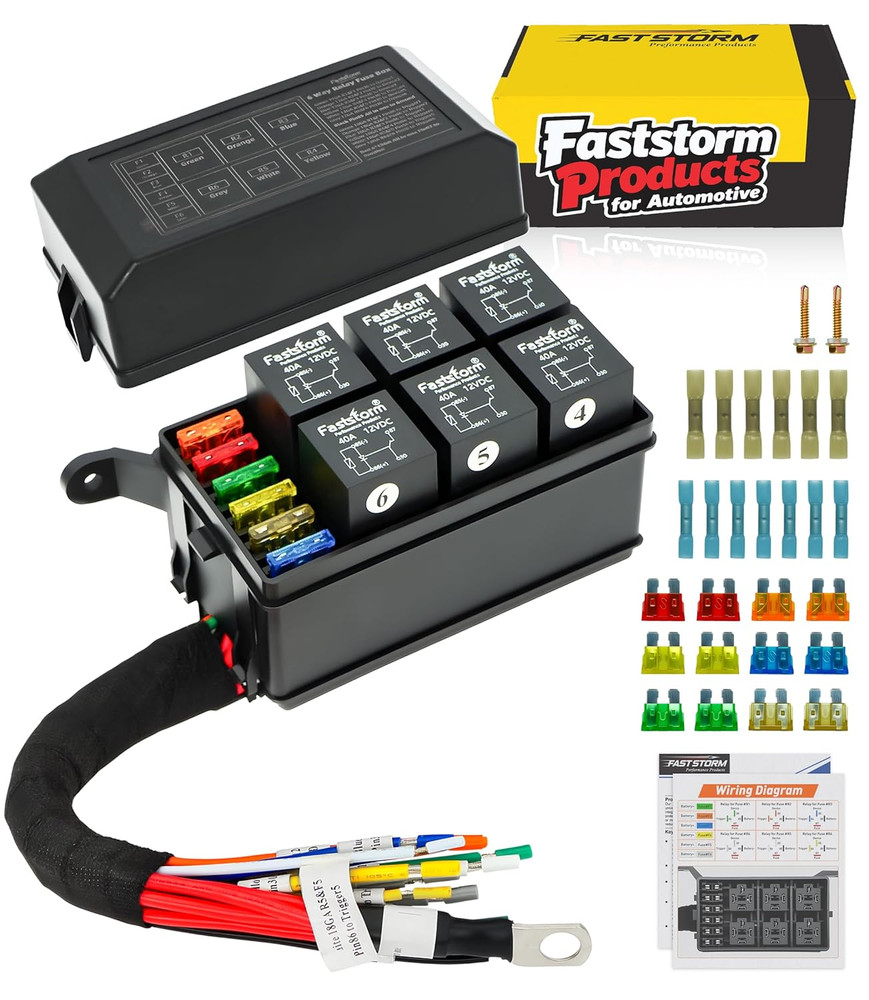 Fuse Relay Box, Relay Block Box Built-in Diodes 6 Way 12 AWG Pre-Wired Waterproo