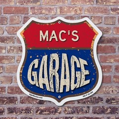 Mac’s Garage Shield Shaped Sign Weather Resistant Crafted in the USA