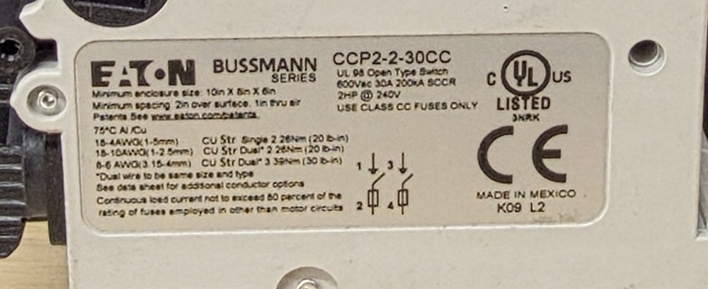 BUSSMANN CCP2-2-30CC Fuse Block,0 to 30A,600VAC