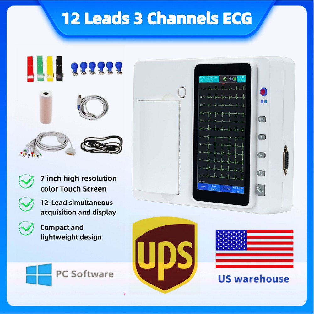 US Warehouse 7 Inch Touch Screen 3 Channels 12 Leads ECG EKG Machine