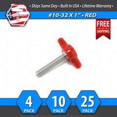 #10-32 x 1″ Thumb Screw Stainless Steel – Red Tee / Wing Knob – USA