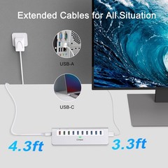 Powered USB Hub 10Gbps, 10 Port USB 3.2 Gen 2 Hub with 7 USB 3.2 Data Ports, …