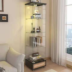 Tempered Glass Antique Curio Display Cabinet with Drawer RGB LED Light 4 Shelves