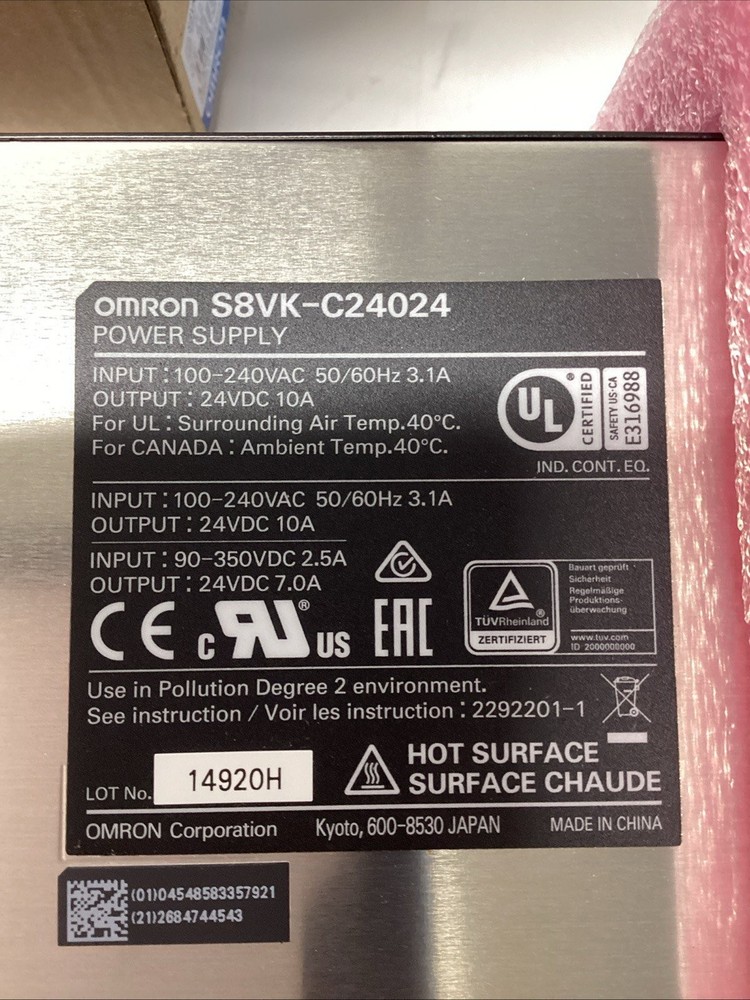 Omron S8VK-C24024 DIN Mount Power Supply 100-240VAC In, 24VDC 10A Out 240W L-458