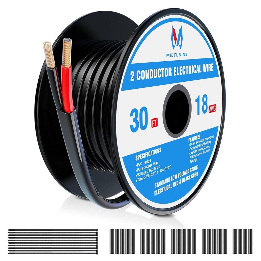 MICTUNING 18 Gauge Wire 30FT 2 Conductor Electrical Wire, 18 AWG Wire Stranded P
