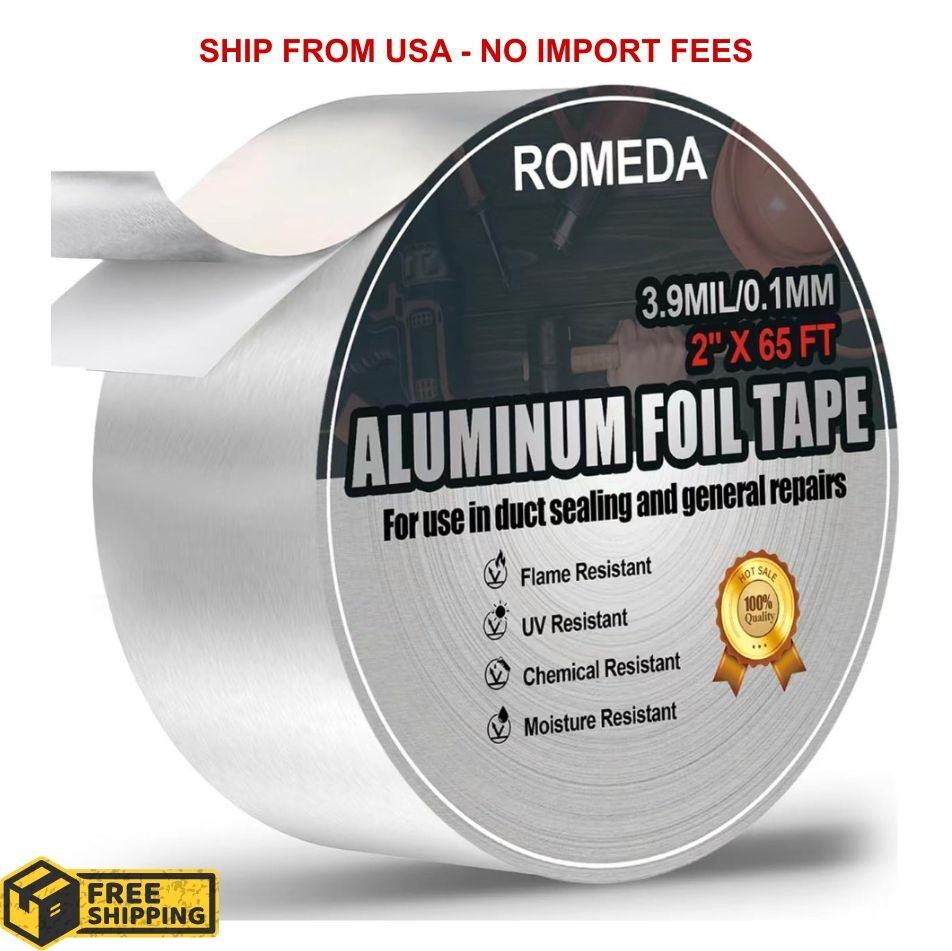 Aluminum Foil Tape 2″ x 65ft | 3.9 Mil High-Temp HVAC Tape for Ductwork & Vents