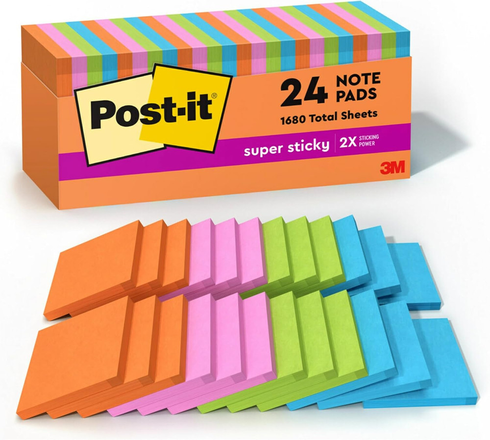 Post-It Super Sticky Notes, 24 Sticky Note Pads, 3 X 3 In., School Supplies
