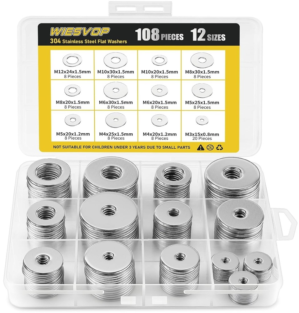 108Pcs 304 Stainless Steel Flat Washers, Fender Washers Assortment Kit 12 Sizes