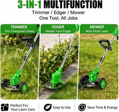 Cordless Weed Wacker with 2 Batteries, Lightweight 21V Weed Trimmer with Wheels,