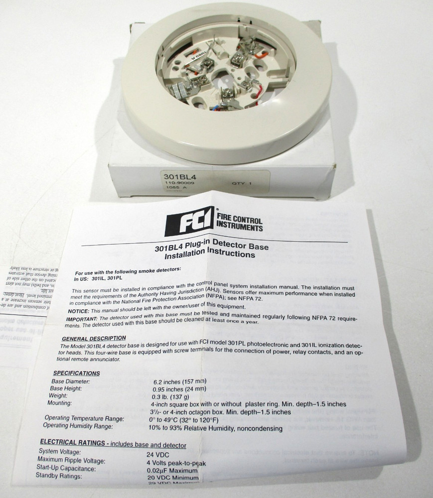 FCI 301BL4 Plug in Detector Base, FCI Fire Control Instruments