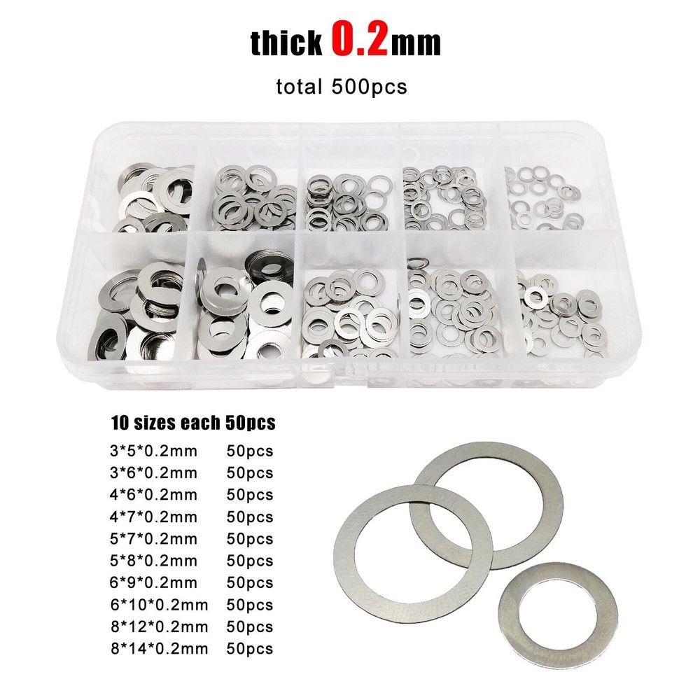 500pcs M3-M8 0.2mm 304 Stainless Steel Ultra Thin Flat Washer Shim Set Kit Box