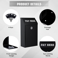 Black 10.24×5.7×2.95 Inch Metal Locking Cash Donation Box Slot Mount 4 Keys
