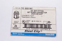 TC 222 SC Steel City 3/4″ EMT Set Screw Conduit Connector Zinc Die Cast TC-222