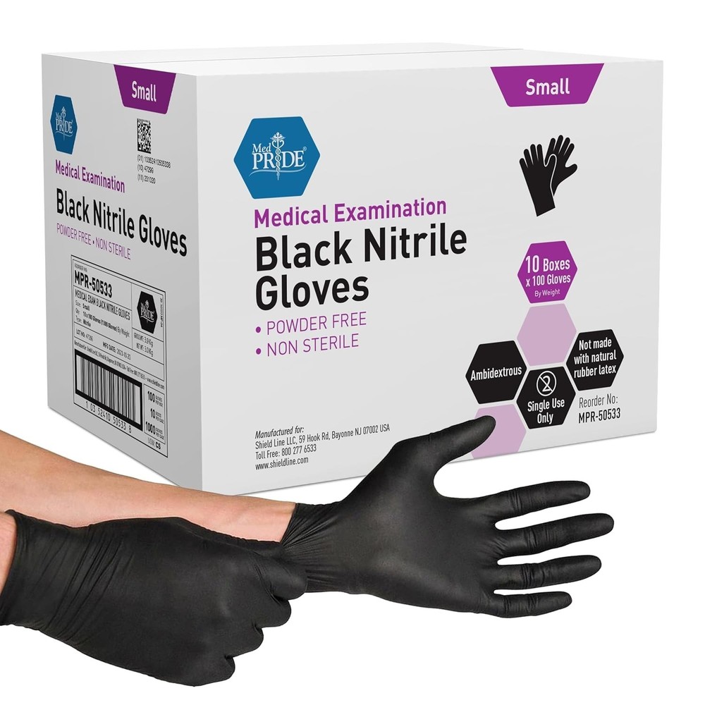MED PRIDE Black Nitrile Gloves SMALL 1000ct 4mil Latex/Powder Free Tattoo Exam
